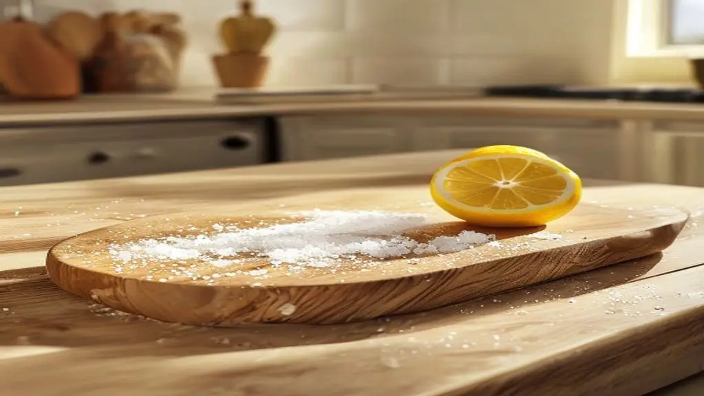 Planche a decouper nettoyee avec gros sel et demi citron.
