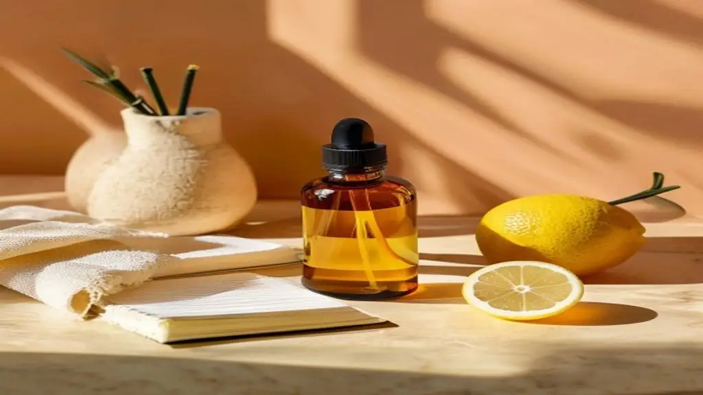 Flacon neutre d'huile essentielle de citron avec zestes et linge de maison.