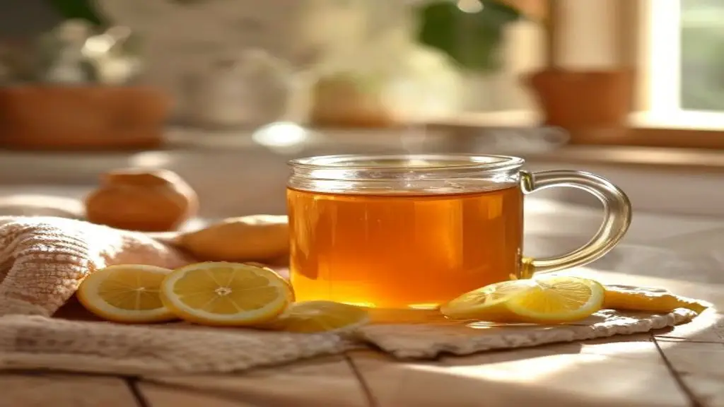 Infusion chaude gingembre citron miel dans une tasse.