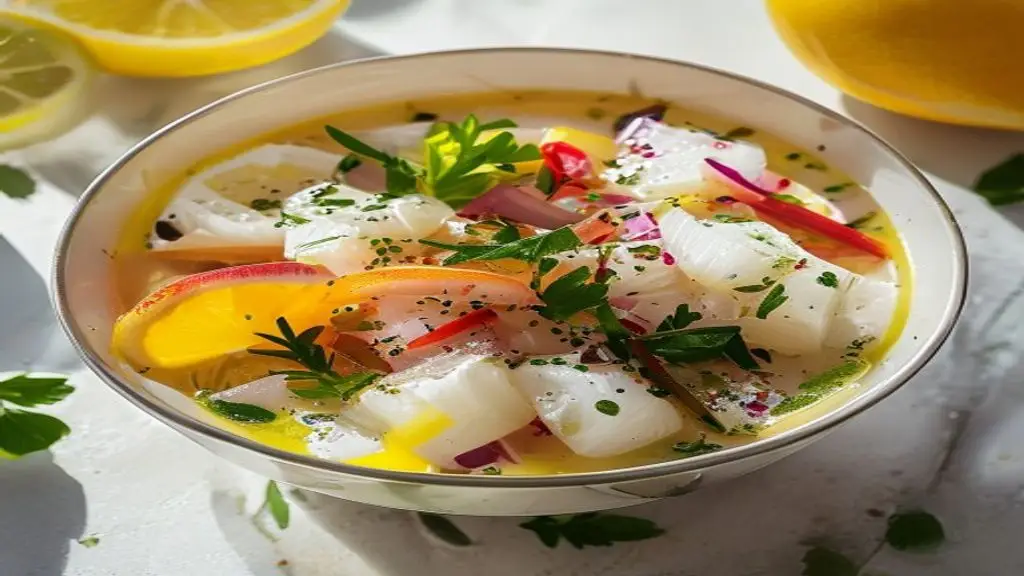 Ceviche de poisson marine dans du jus de citron.