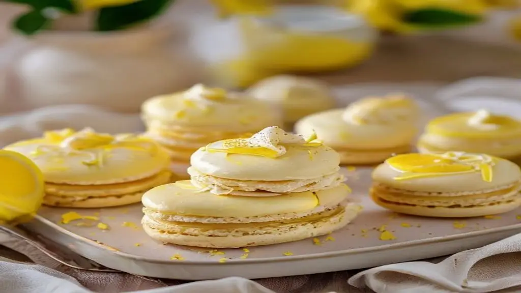 Macarons au citron garnis d'une ganache acidulee.