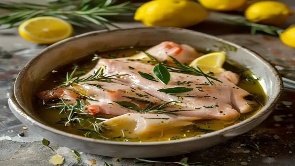 Poulet dans une marinade citron huile d'olive et herbes.