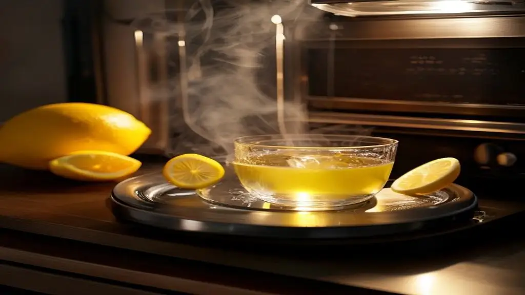 Bol d'eau citronnee fumant dans un micro ondes propre.