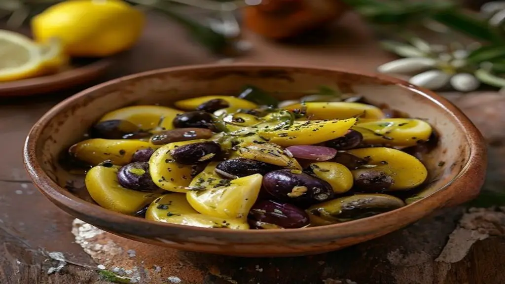 Olives marinees au citron confit et a l'ail pour l'aperitif.