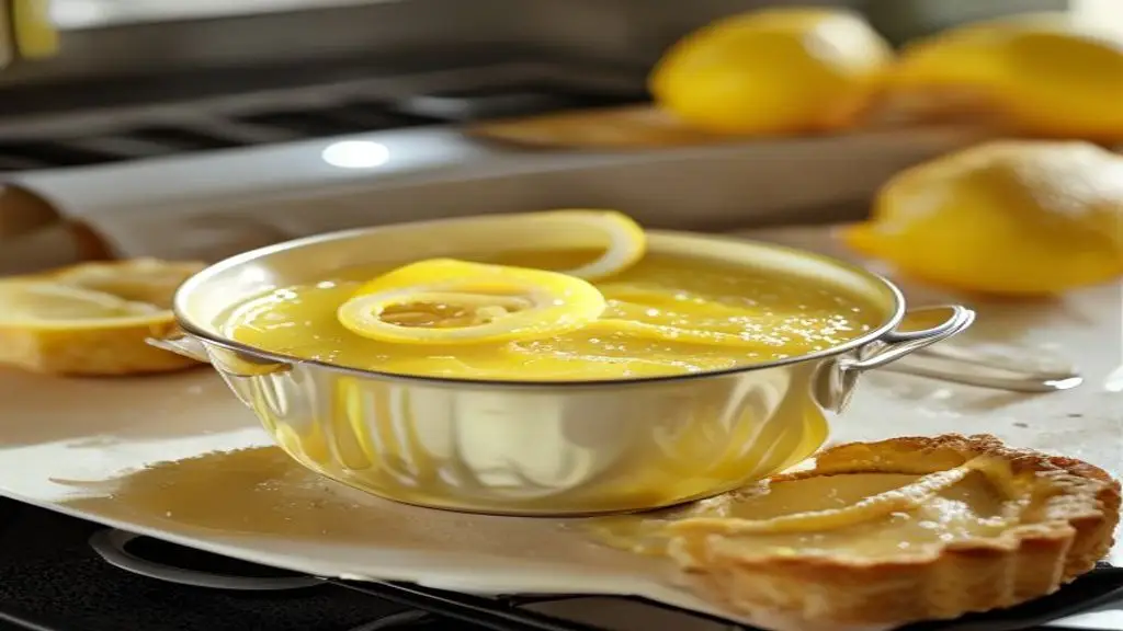 Lemon curd epaissi dans une casserole avec texture brillante.
