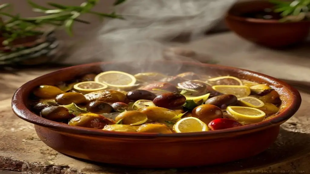 Tajine de poulet au citron confit et aux olives.