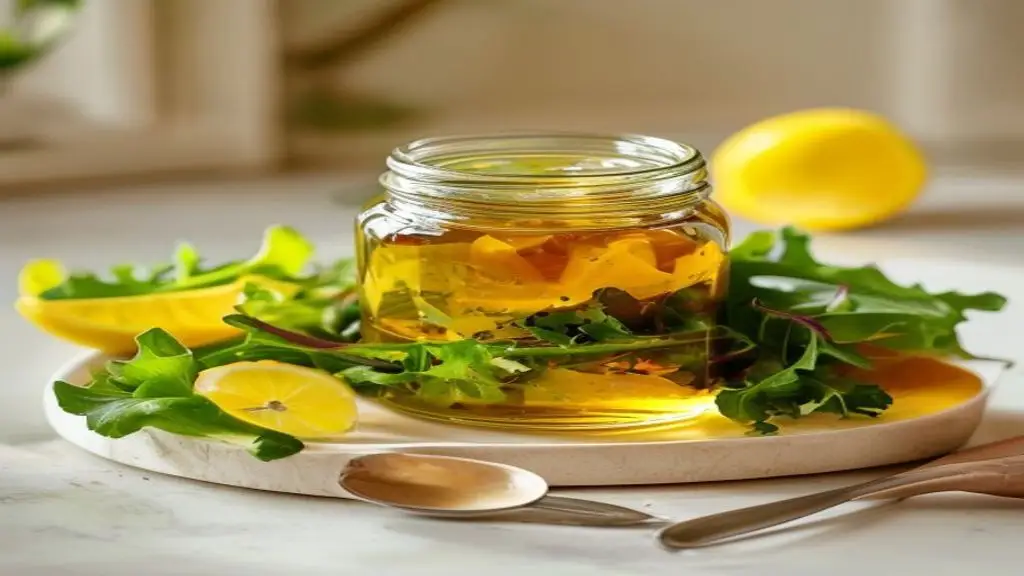 Vinaigrette citron miel dans un petit bocal pour salade.